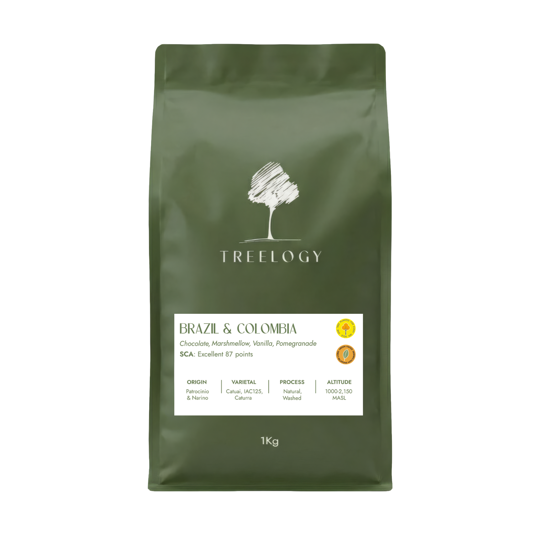 Green coffee bag with Treeology branding on a white background