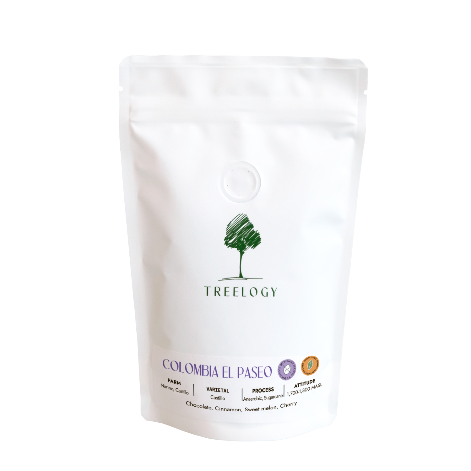 White coffee bag with Treeology branding on a white background
