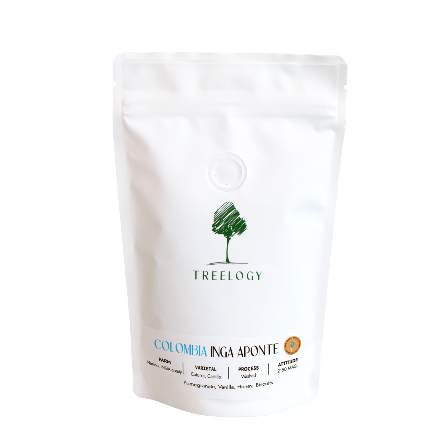 White coffee bag with Treeology branding on a white background
