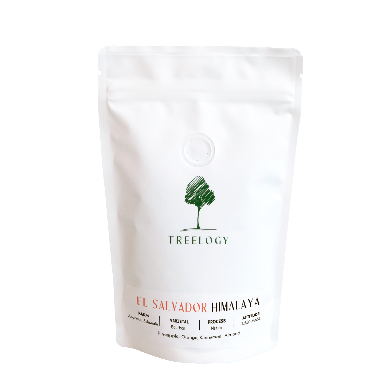 White coffee bag with 'Treeology' branding on a white background