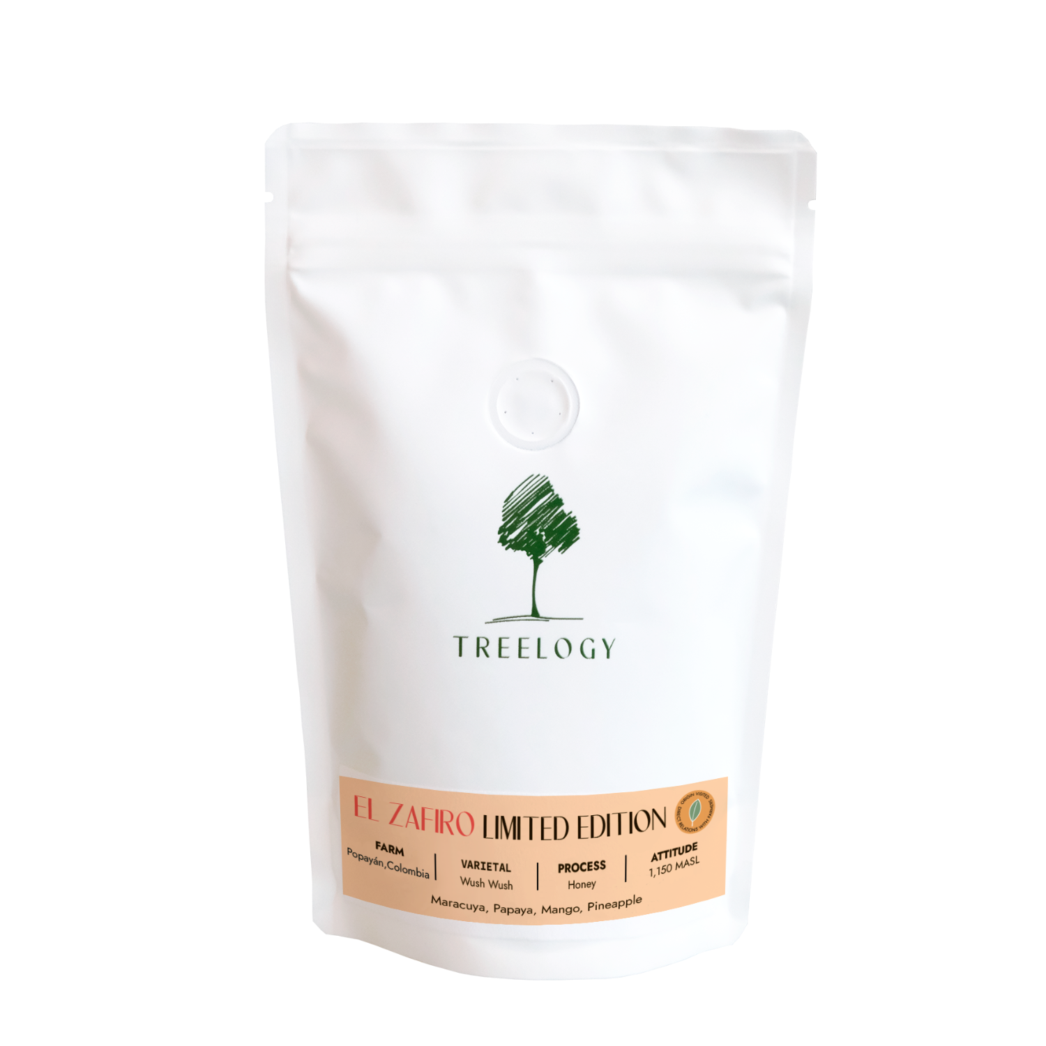 White coffee bag with Treeology branding on a white background