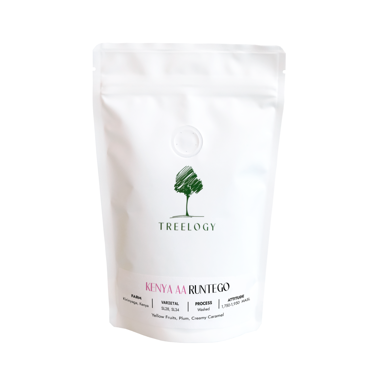 White coffee bag with 'Treelogy' branding on a white background